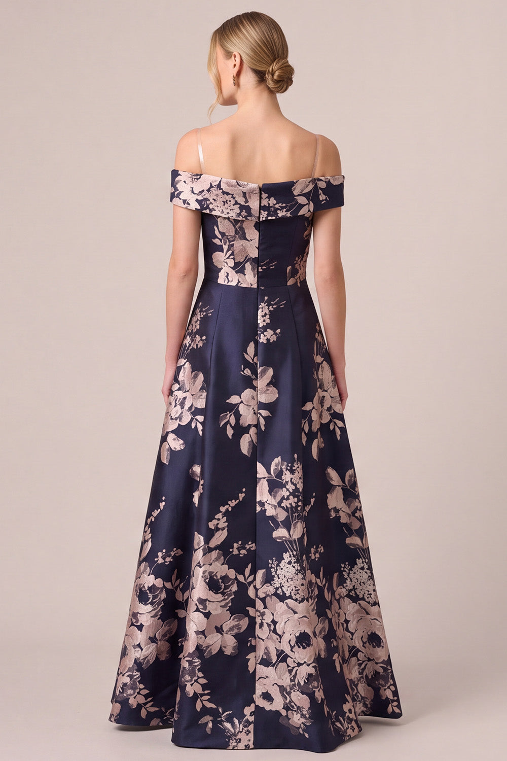 Dark Navy Floral A Line Off The Shoulder Satin Ruched Long Mother of the Bride Dress