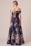 Dark Navy Floral A Line Off The Shoulder Satin Ruched Long Mother of the Bride Dress