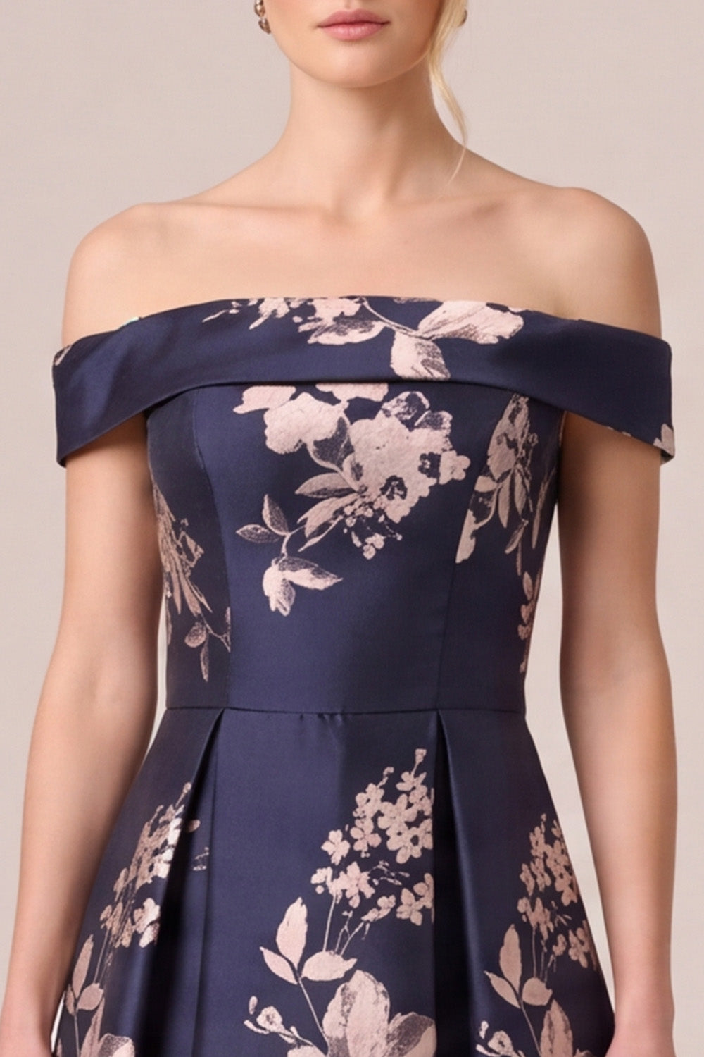 Dark Navy Floral A Line Off The Shoulder Satin Ruched Long Mother of the Bride Dress