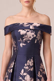 Dark Navy Floral A Line Off The Shoulder Satin Ruched Long Mother of the Bride Dress