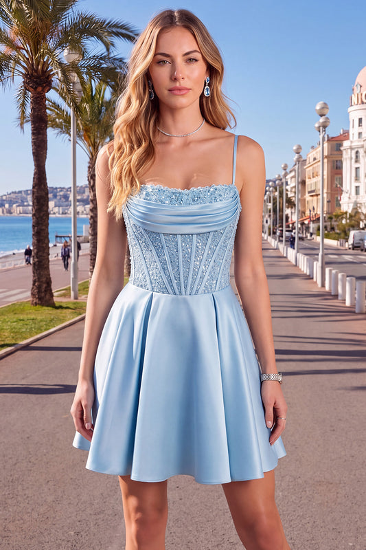 Blue Corset Sequins A-Line Spaghetti Straps Short Homecoming Dress