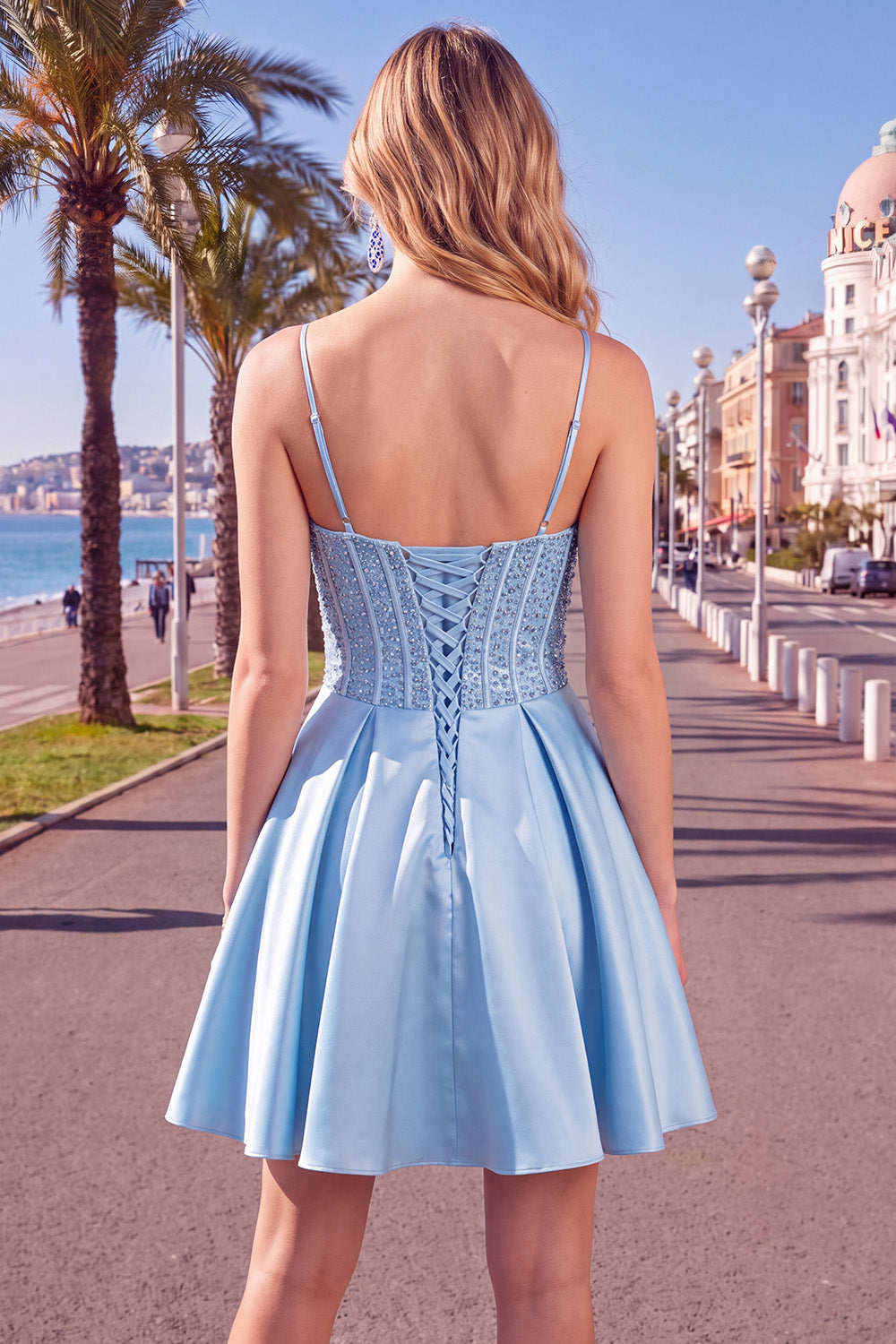 Blue Corset Sequins A-Line Spaghetti Straps Short Homecoming Dress