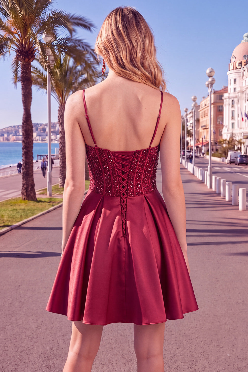 Blue Corset Sequins A-Line Spaghetti Straps Short Homecoming Dress