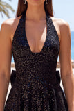 Black Sparkly Halter A Line Sequin Short Homecoming Dress with Bow