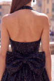 Black Sparkly Halter A Line Sequin Short Homecoming Dress with Bow
