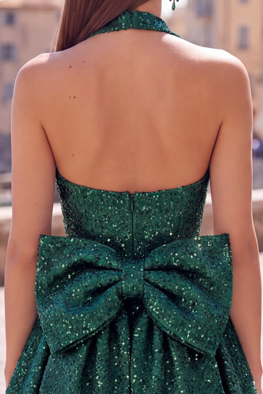 Black Sparkly Halter A Line Sequin Short Homecoming Dress with Bow