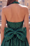 Black Sparkly Halter A Line Sequin Short Homecoming Dress with Bow