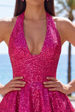 Black Sparkly Halter A Line Sequin Short Homecoming Dress with Bow