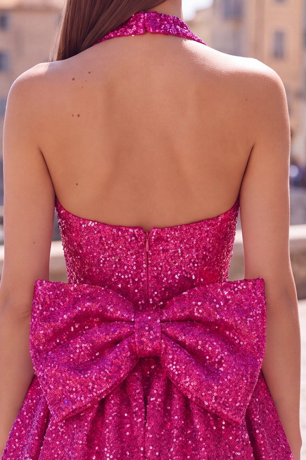 Black Sparkly Halter A Line Sequin Short Homecoming Dress with Bow