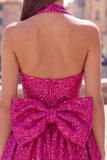 Black Sparkly Halter A Line Sequin Short Homecoming Dress with Bow