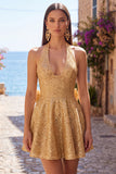 Black Sparkly Halter A Line Sequin Short Homecoming Dress with Bow