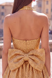 Black Sparkly Halter A Line Sequin Short Homecoming Dress with Bow
