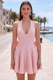 Black Sparkly Halter A Line Sequin Short Homecoming Dress with Bow