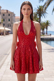 Black Sparkly Halter A Line Sequin Short Homecoming Dress with Bow