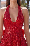 Black Sparkly Halter A Line Sequin Short Homecoming Dress with Bow