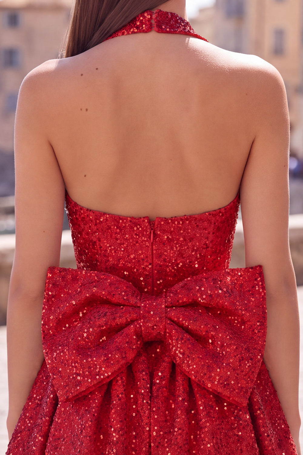 Black Sparkly Halter A Line Sequin Short Homecoming Dress with Bow