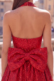 Black Sparkly Halter A Line Sequin Short Homecoming Dress with Bow