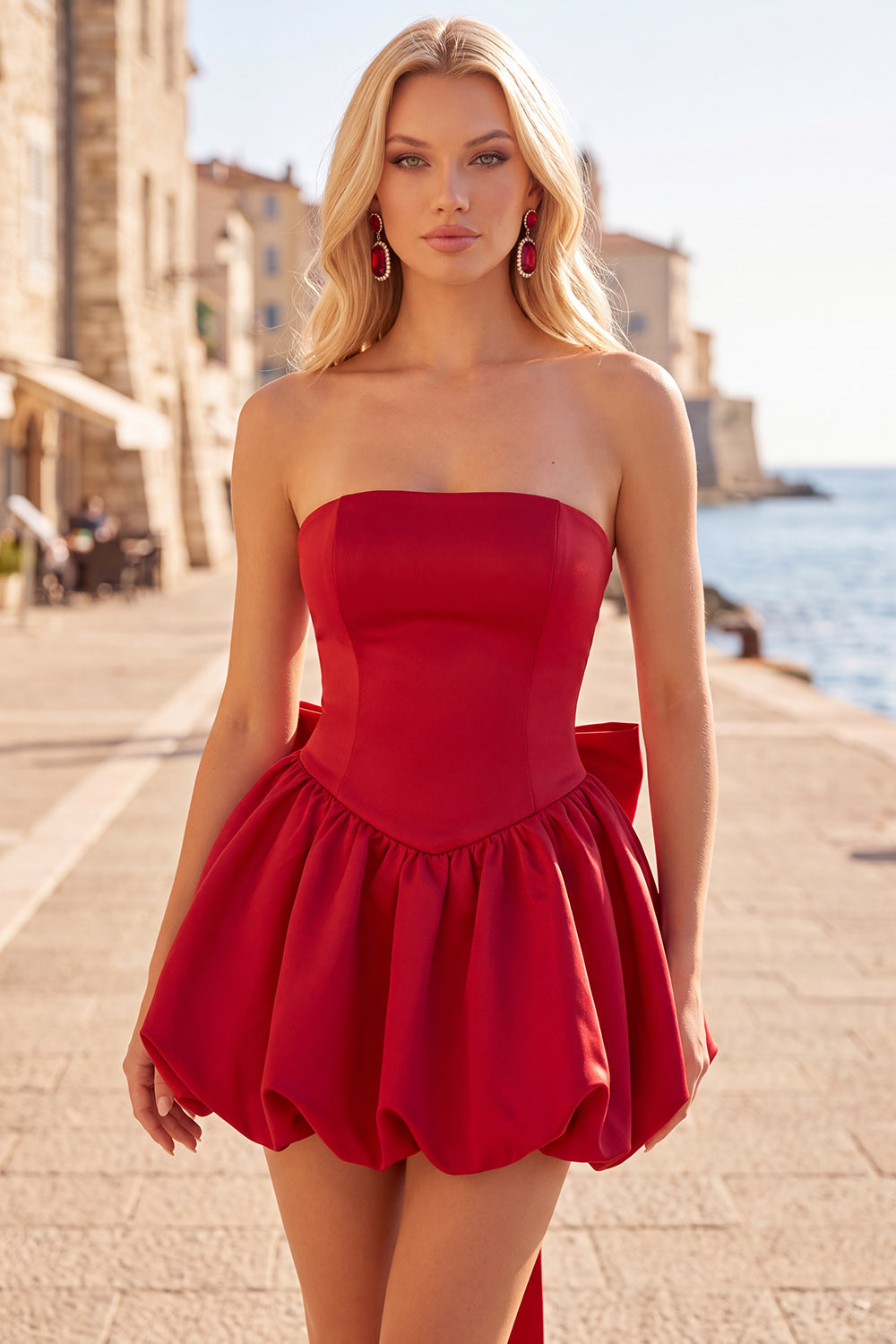 Black Corset Strapless Bubble A Line Short Homecoming Dress with Bow