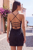Black Floral Tight Spaghetti Straps Short Homecoming Dress