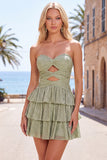 Sparkly Grey Green Keyhole Strapless Beaded Tiered Short Homecoming Dress