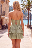 Sparkly Grey Green Keyhole Strapless Beaded Tiered Short Homecoming Dress