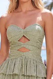 Sparkly Grey Green Keyhole Strapless Beaded Tiered Short Homecoming Dress