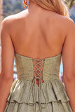 Sparkly Grey Green Keyhole Strapless Beaded Tiered Short Homecoming Dress