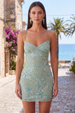 Apricot Floral Tight Spaghetti Straps Sequin Short Homecoming Dress