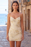Apricot Floral Tight Spaghetti Straps Sequin Short Homecoming Dress