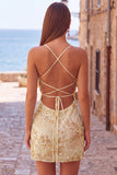 Apricot Floral Tight Spaghetti Straps Sequin Short Homecoming Dress