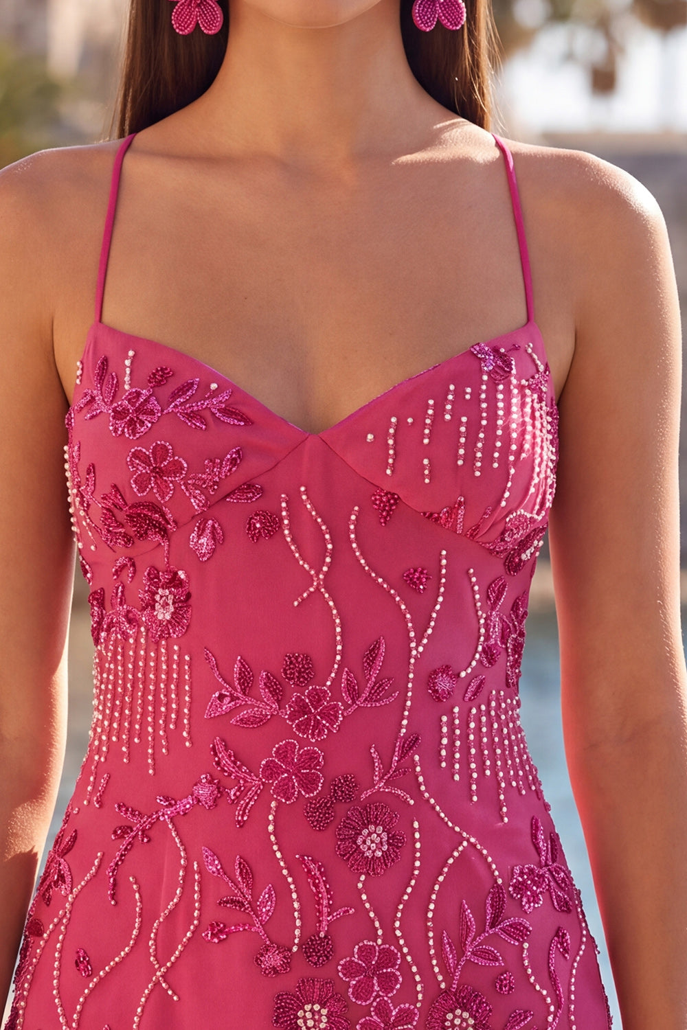 Apricot Floral Tight Spaghetti Straps Sequin Short Homecoming Dress