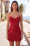 Apricot Floral Tight Spaghetti Straps Sequin Short Homecoming Dress