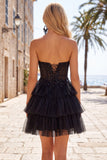 Black Corset A Line Tiered Short Homecoming Dress with Appliques