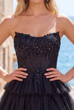 Black Corset A Line Tiered Short Homecoming Dress with Appliques