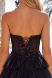 Black Corset A Line Tiered Short Homecoming Dress with Appliques