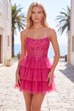 Black Corset A Line Tiered Short Homecoming Dress with Appliques