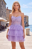 Black Corset A Line Tiered Short Homecoming Dress with Appliques
