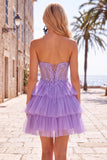 Black Corset A Line Tiered Short Homecoming Dress with Appliques