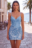 Sparkly Dark Green Sequins Tight Spaghetti Straps Short Corset Homecoming Dress