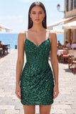 Sparkly Dark Green Sequins Tight Spaghetti Straps Short Corset Homecoming Dress