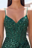 Sparkly Dark Green Sequins Tight Spaghetti Straps Short Corset Homecoming Dress