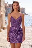 Sparkly Dark Green Sequins Tight Spaghetti Straps Short Corset Homecoming Dress