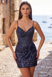 Sparkly Dark Green Sequins Tight Spaghetti Straps Short Corset Homecoming Dress