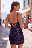 Sparkly Dark Green Sequins Tight Spaghetti Straps Short Corset Homecoming Dress