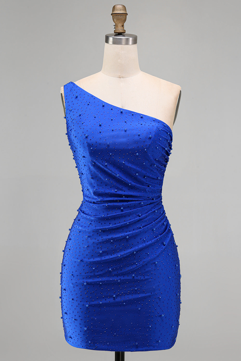 Sparkly Royal Blue Beaded One Shoulder Ruched Short Homecoming Dress