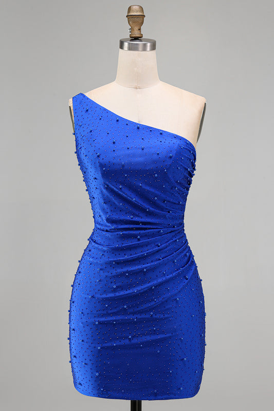Sparkly Royal Blue Beaded One Shoulder Ruched Short Homecoming Dress