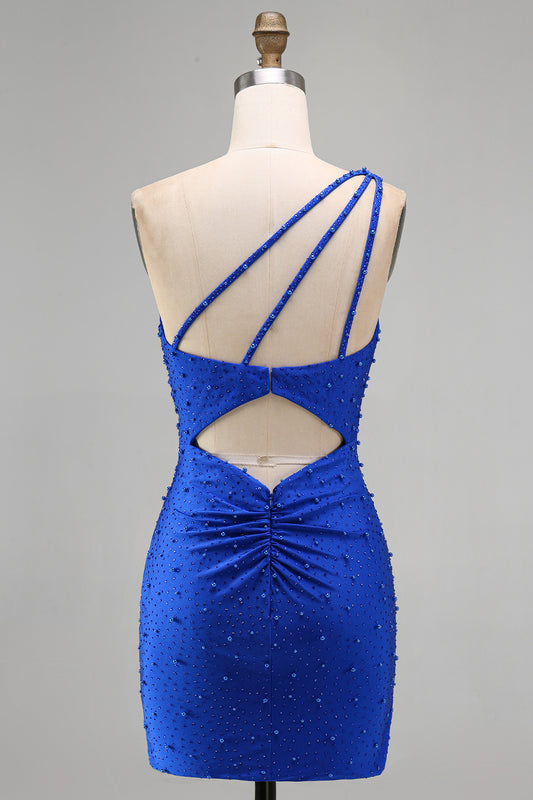 Sparkly Royal Blue Beaded One Shoulder Ruched Short Homecoming Dress