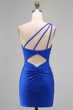 Sparkly Royal Blue Beaded One Shoulder Ruched Short Homecoming Dress