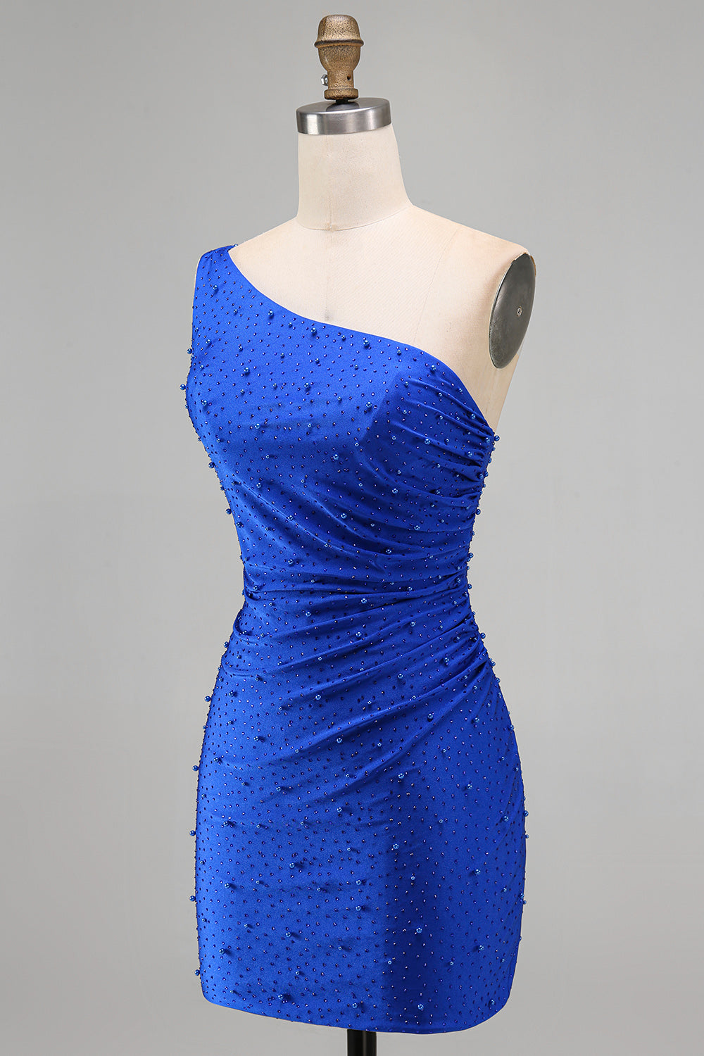 Sparkly Royal Blue Beaded One Shoulder Ruched Short Homecoming Dress