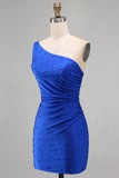 Sparkly Royal Blue Beaded One Shoulder Ruched Short Homecoming Dress